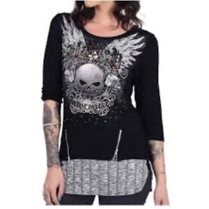 HARLEY DAVIDSON Shirt Rhinestone Bling Skull 3/4 Sleeve Layered looking Top S
